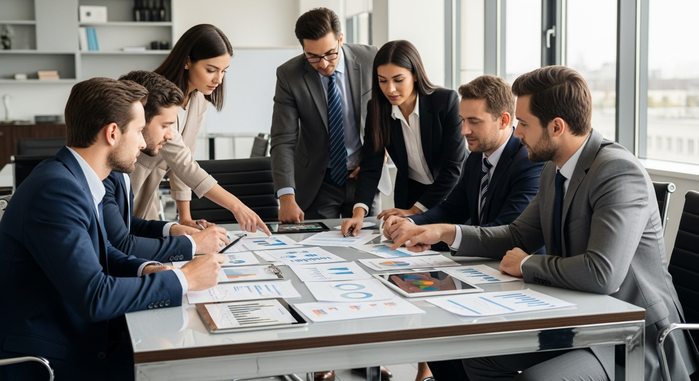 Business professionals discussing AML/CTF compliance regulations in a meeting room