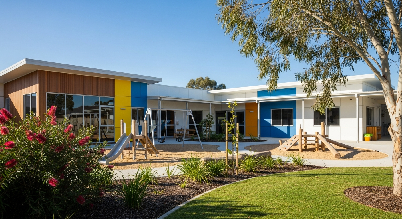 Modern childcare centre exterior with colorful playground equipment