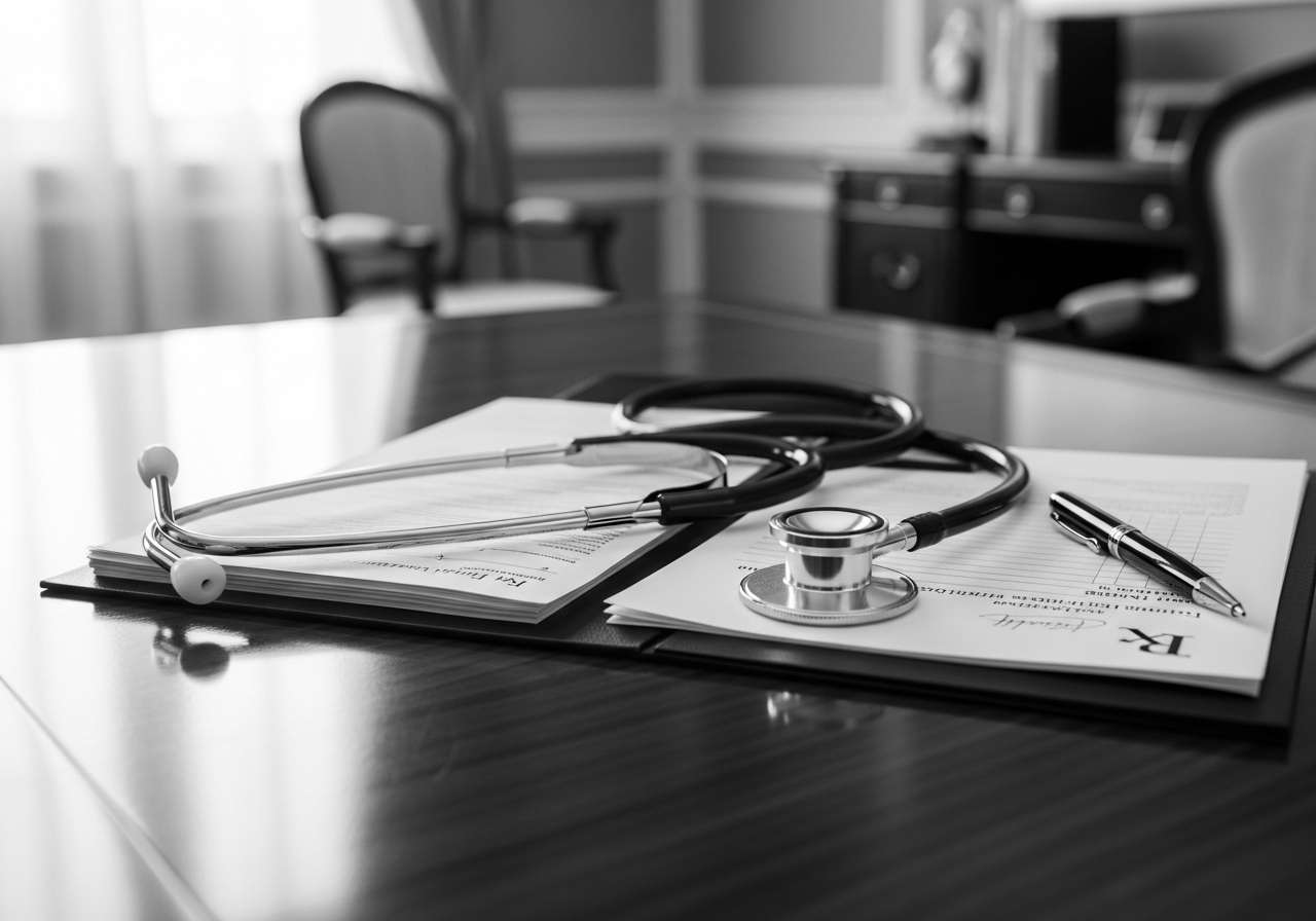 Medical desk with stethoscope and documents